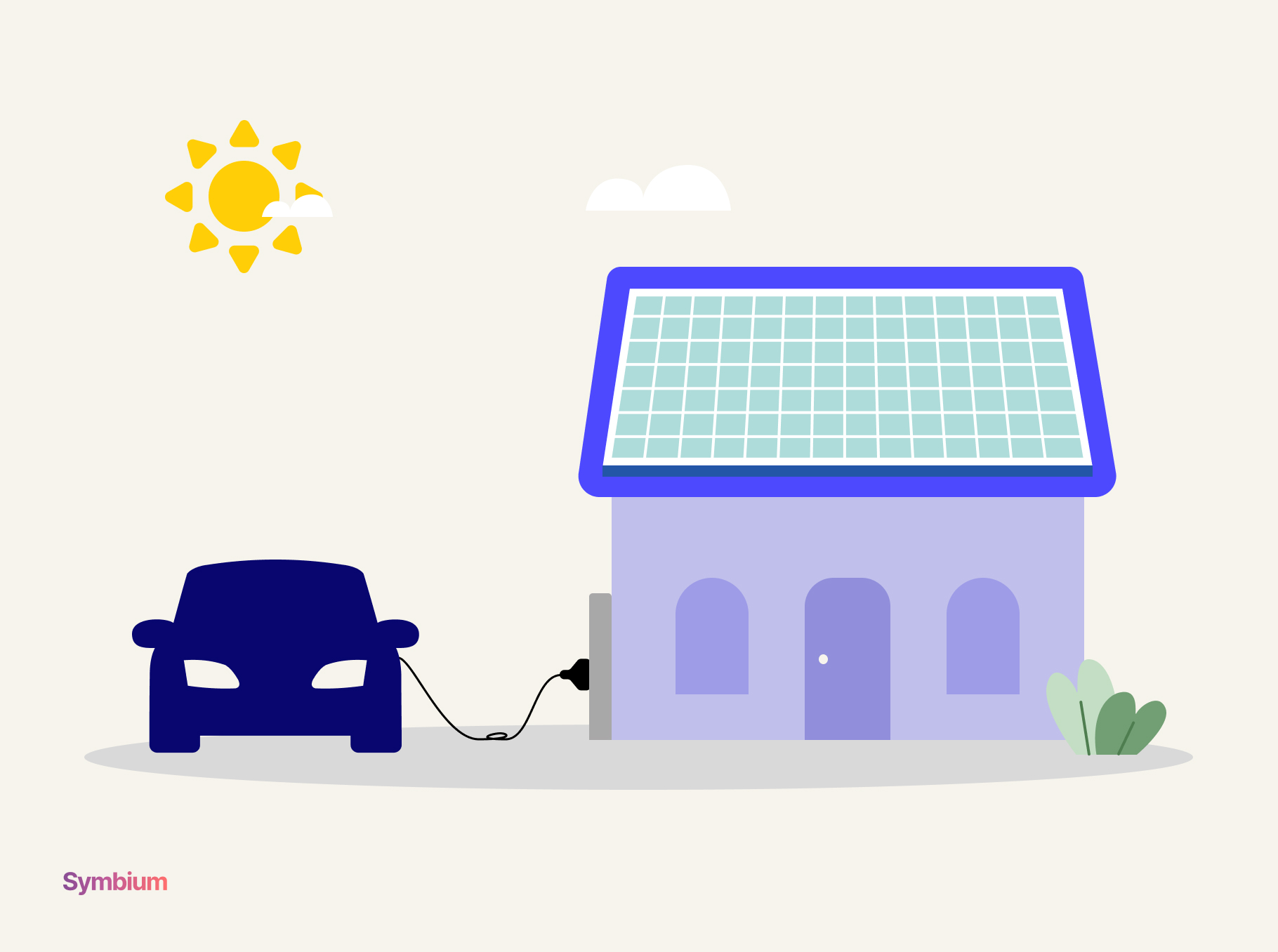Rooftop solar panels powering an electric vehicle charging setup at a residential home